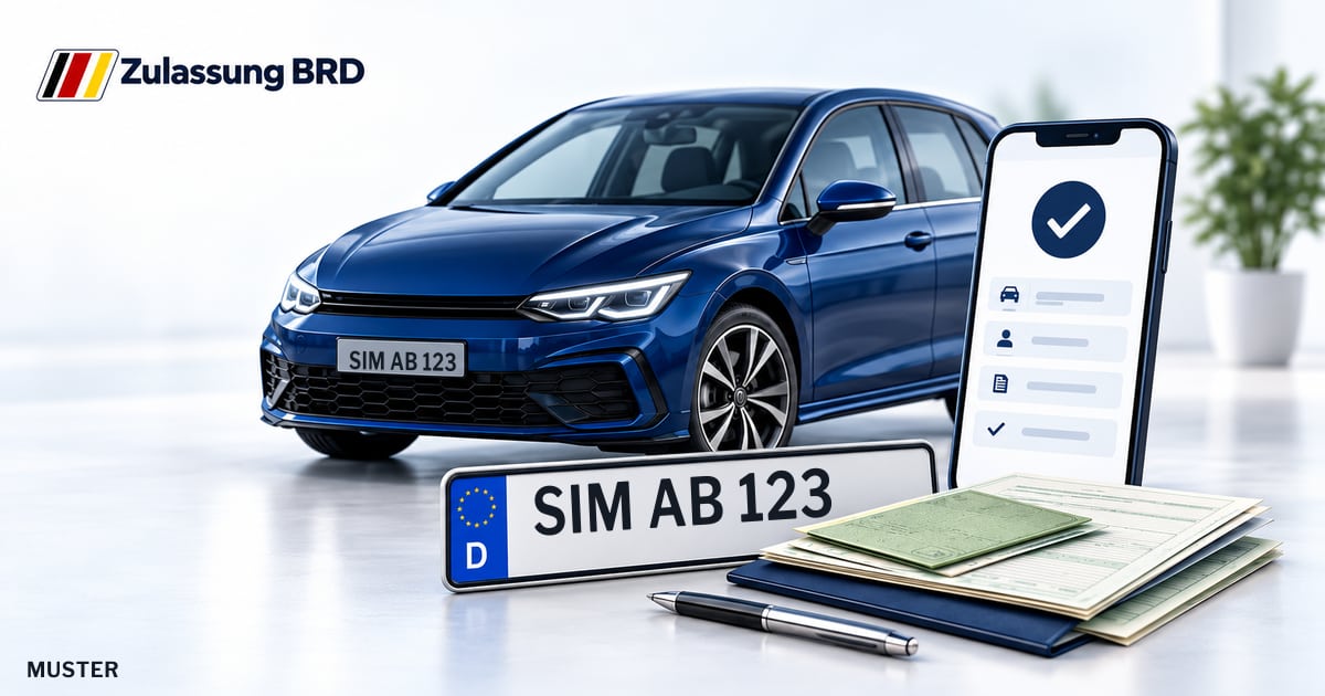 Online Fahrzeugzulassung in Simmern: Musterkennzeichen SIM AB 123, Auto und Fahrzeugpapiere und Smartphone. Illustration mit Logo von Zulassung BRD.